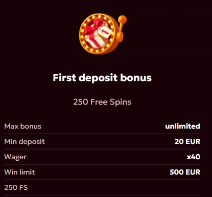 Spinobon Casino first deposit bonus with 250 free spins details